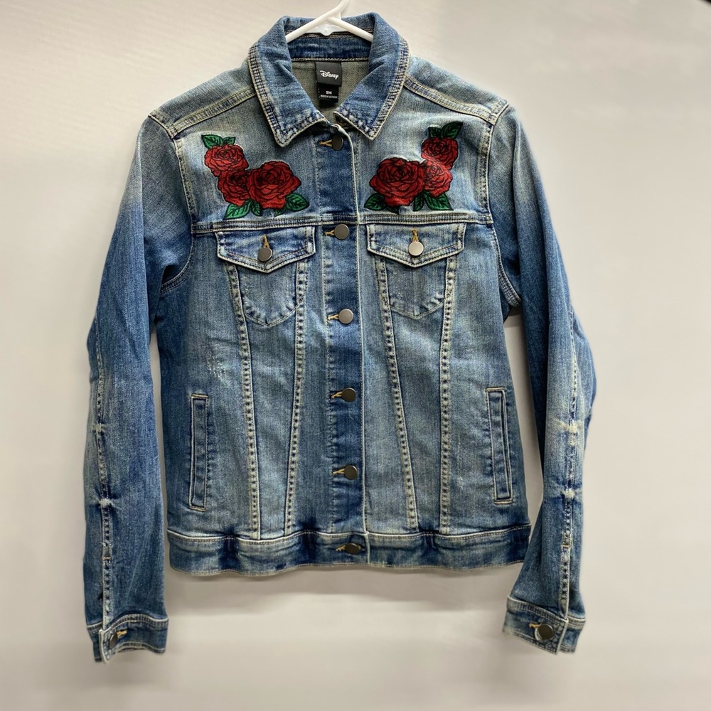 Disney Blue Denim Jacket with Red Rose Embroidery